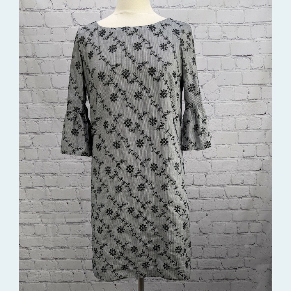 Floral Embroidery Summer Dress 3/4 Bell Sleeve Jones New York Size 6 Black White